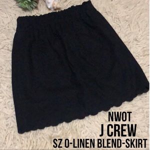 NWOT-J Crew-Linen Blend-PaperBag Waist Skirt-Straight Fit-Scalloped Hem-0-Black